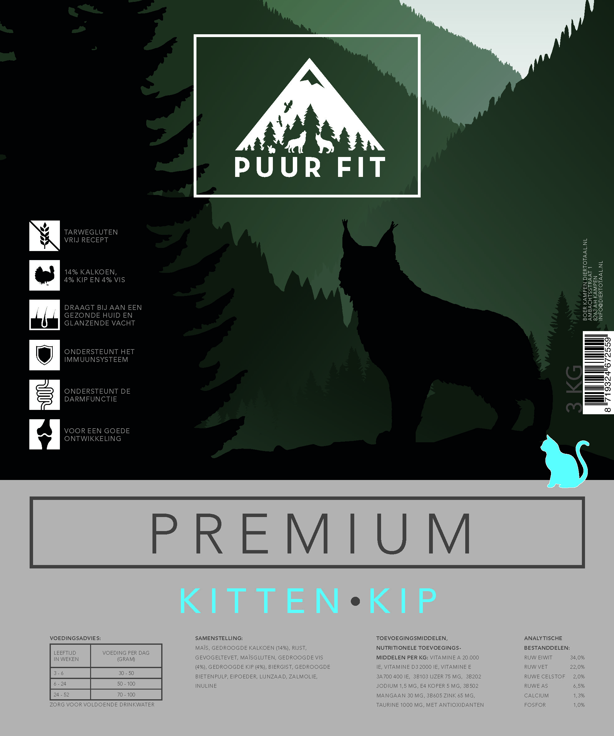 Puur Fit Premium Kat Kitten Kip 3 kilo