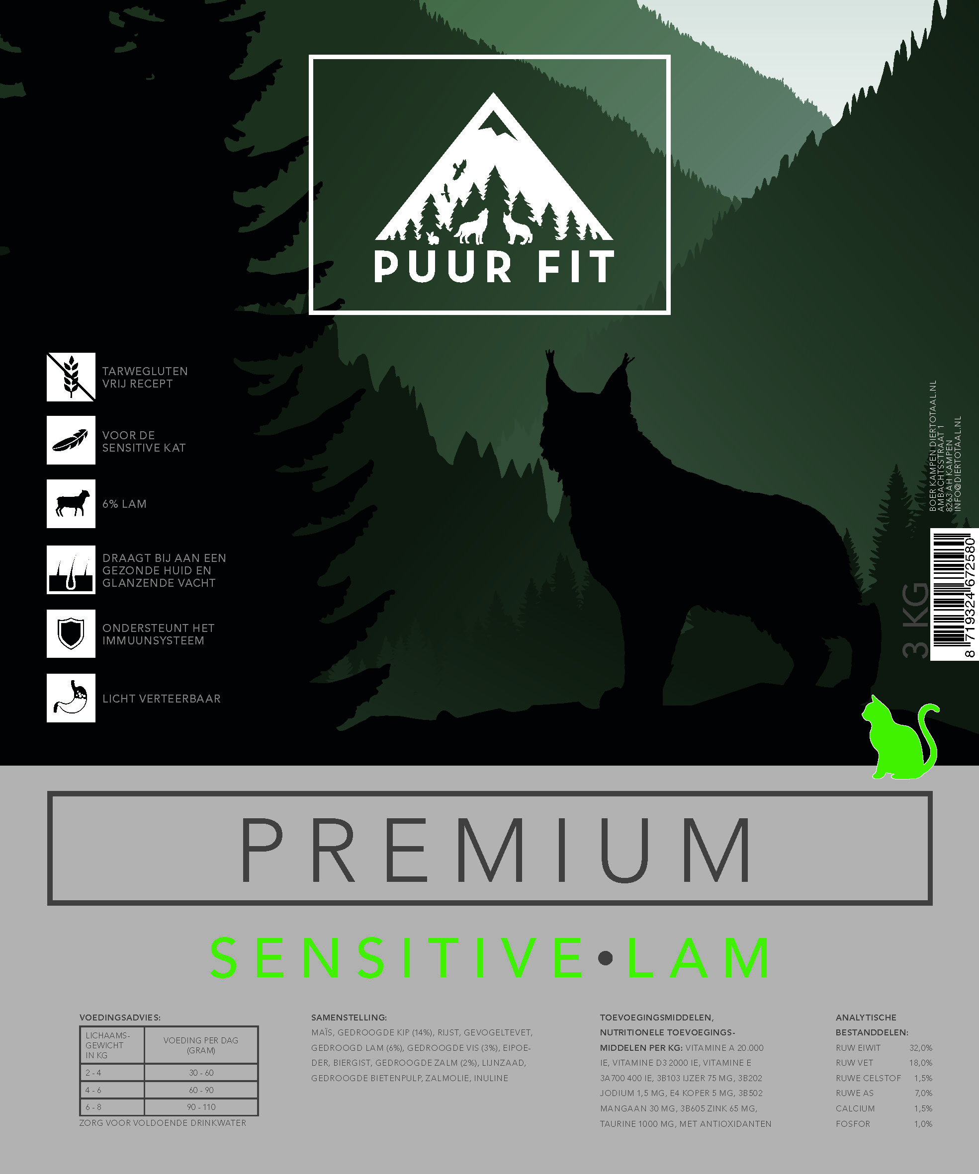 Puur Fit Premium Kat Sensitive Lam 3 kilo